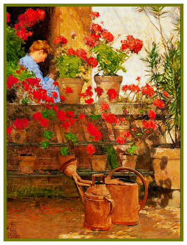 Geranium Flowers by American Impressionist Painter Childe Hassam Counted Cross Stitch Chart