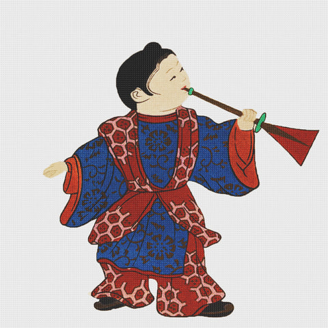 Doll Playing Flute by Japanese artist Kawase Hasui Counted Cross Stitch Pattern