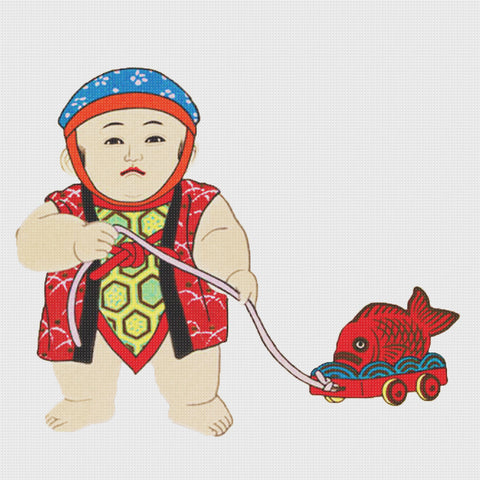 Doll Playing Pull Toy by Japanese artist Kawase Hasui Counted Cross Stitch Pattern