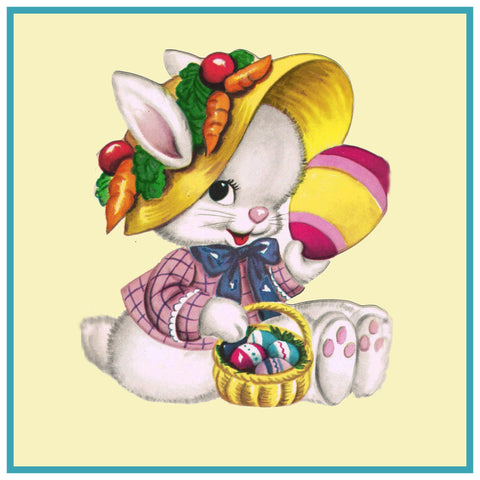 Vintage Easter Bunny with Easter Bonnet Counted Cross Stitch Pattern DIGITAL DOWNLOAD