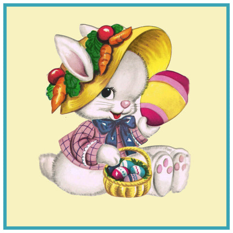 Vintage Easter Bunny with Easter Bonnet Counted Cross Stitch Pattern