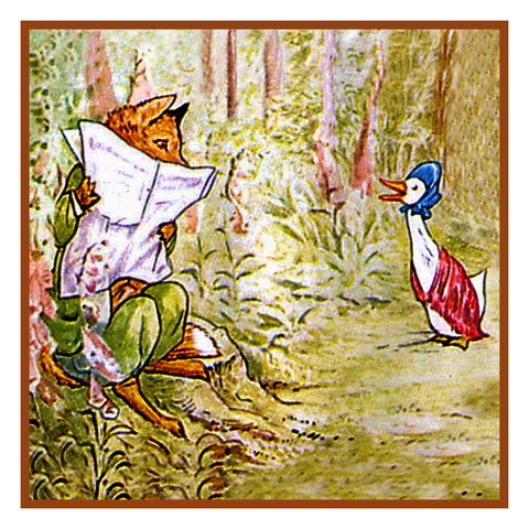 Fox Hides Behind Newspaper from Jemima Puddleduck inspired by Beatrix Potter Counted Cross Stitch Pattern