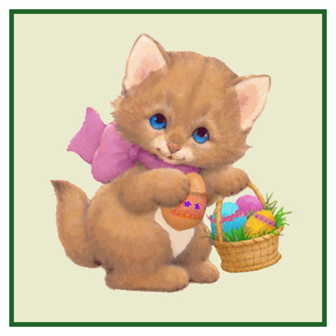 Contemporary Kitty Cat with Basket of Decorated Easter Eggs Counted Cross Stitch Pattern
