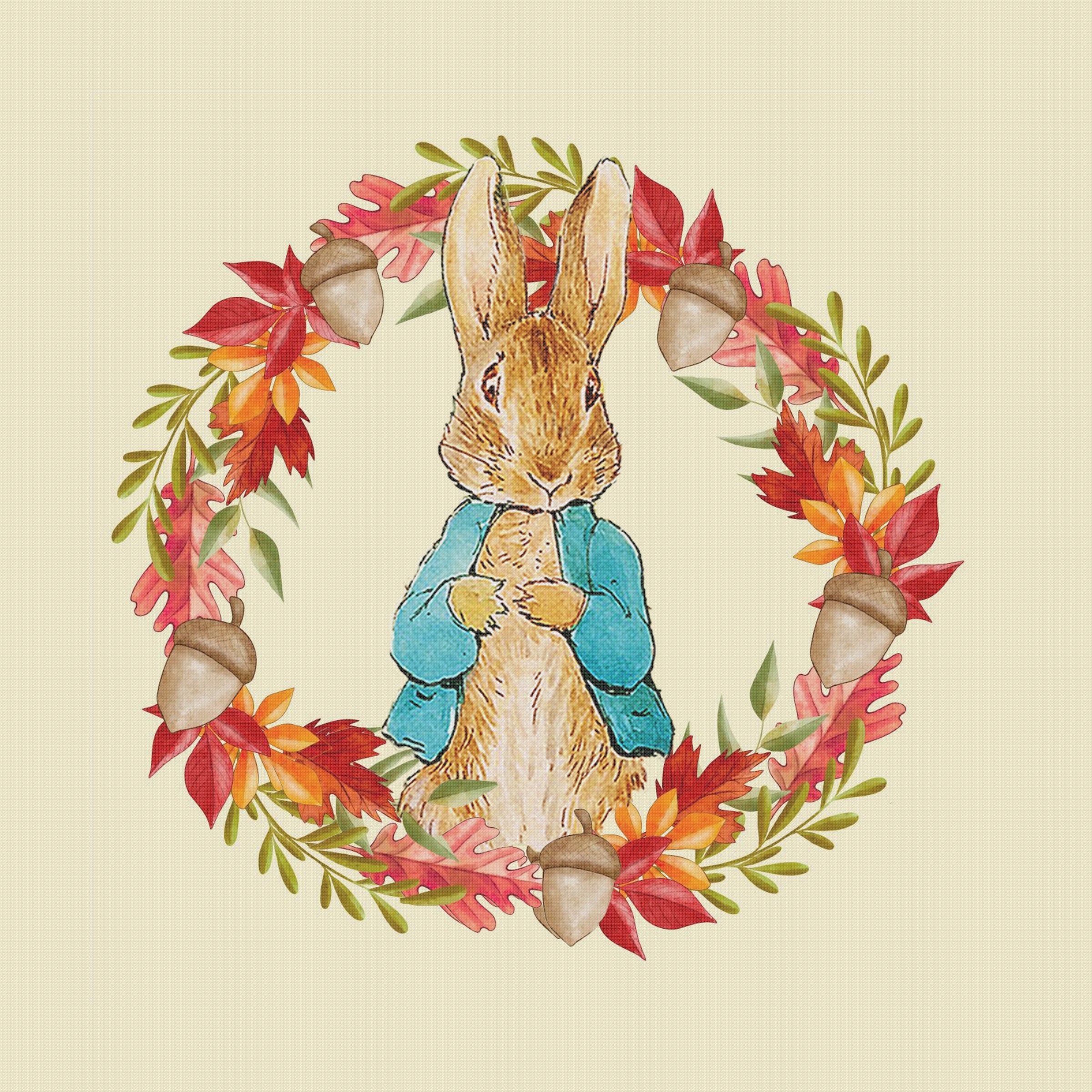 Acorn Rabbit Peter-Rabbit Acorn Wreath inspired by Beatrix Potter Counted Cross Sti ...