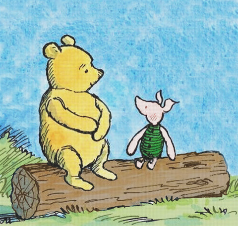Winnie The Pooh and Piglet Chat on Log Counted Cross Stitch Pattern