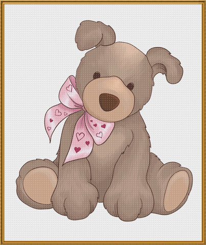 Contemporary Valentine Teddy Bear with Heart Bow Sew So Simple Counted Cross Stitch Pattern