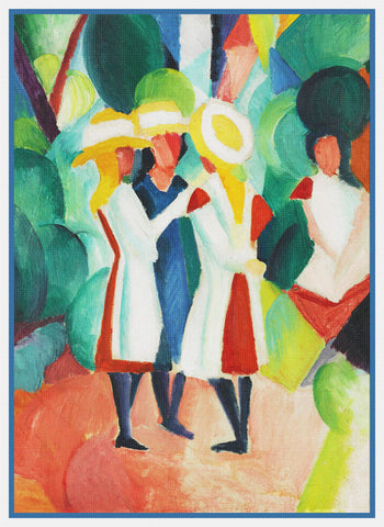 Three Girls in Straw Hats by Expressionist Artist August Macke Counted Cross Stitch Pattern
