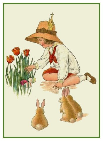 Vintage Child Hiding Easter Eggs with Baby Bunnies Counted Cross Stitch Pattern