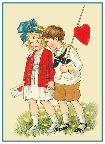 Vintage Valentine Boy Girl Fishing for Hearts Love Counted Cross Stitch Pattern