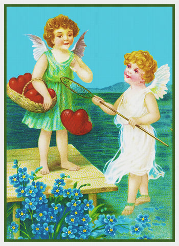 Valentines Cherubs Fishing for Hearts from Antique Card Counted Cross Stitch Pattern