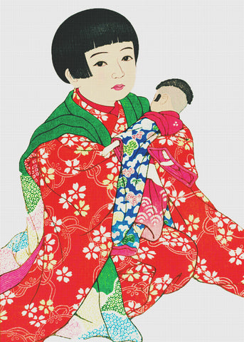 Child Playing with Doll by Japanese artist Kawase Hasui Counted Cross Stitch Pattern