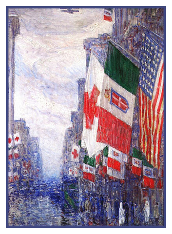 Flags on Italian Day New York City by American Impressionist Painter Childe Hassam Counted Cross Stitch Pattern
