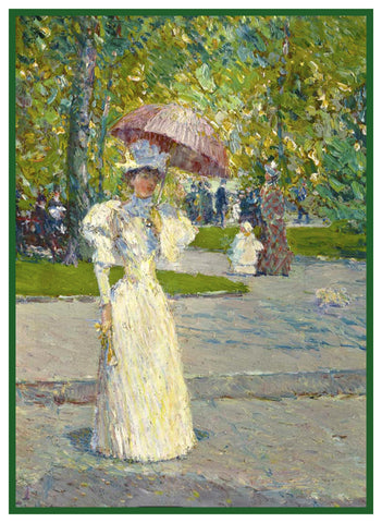 Woman strolling with a Parasol by American Impressionist Painter Childe Hassam Counted Cross Stitch Pattern