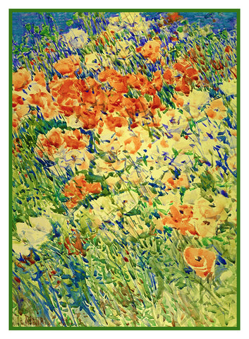 Poppy Flower Detail from Garden on Isle of Shoals by American Impressionist Painter Childe Hassam Counted Cross Stitch Pattern