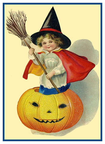 Child Playing Witch in Pumpkin Halloween Counted Cross Stitch Pattern