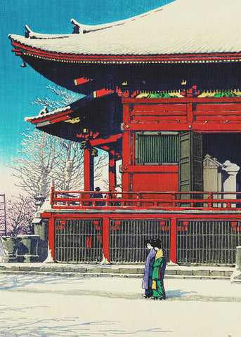 Kannon Temple Asakusa by Japanese artist Kawase Hasui Counted Cross Stitch Pattern