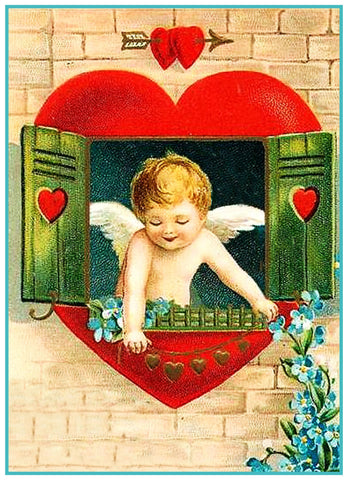 Vintage Cupid in a Heart Window Love From Antique Card Counted Cross Stitch Pattern