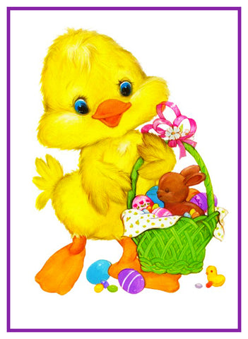 Contemporary Easter Baby Duck With Basket Counted Cross Stitch Pattern