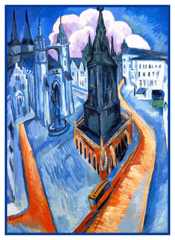 Landscape of The Red Tower in Halle Germany by Ernst Ludwig Kirchner Counted Cross Stitch Pattern