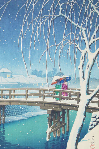 Strolling Edo River Snow by Japanese artist Kawase Hasui Counted Cross Stitch Pattern