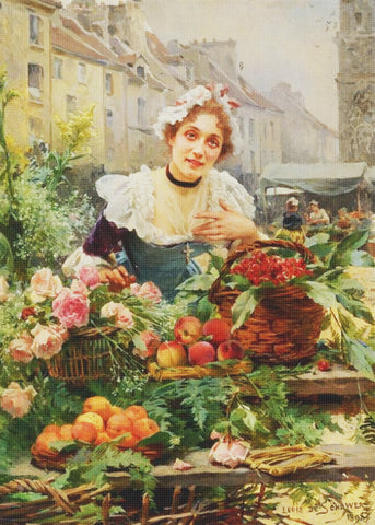 A Parisian Fruit and Flower Seller by Louis Marie De Schryver Counted Cross Stitch Pattern