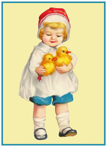 Vintage Easter Young Child Red Hat and Baby Chicks Counted Cross Stitch Pattern