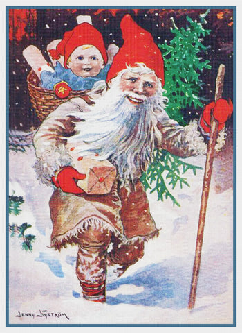 Tomte Elf Baby in Backpack by Jenny Nystrom Counted Cross Stitch Pattern