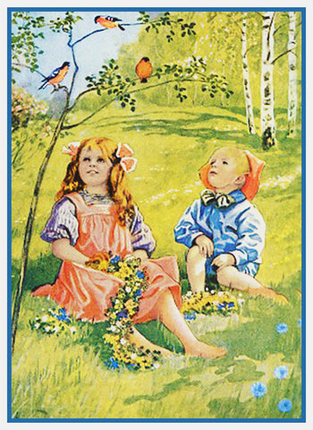Children Picking Wildflowers by Jenny Nystrom Counted Cross Stitch Pattern