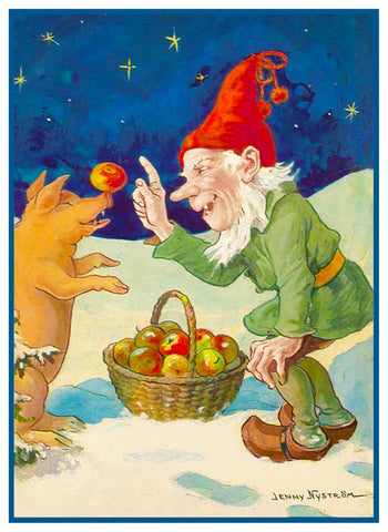 Tomte Elf Feeds Apple to Dancing Pig  by Jenny Nystrom Counted Cross Stitch Pattern