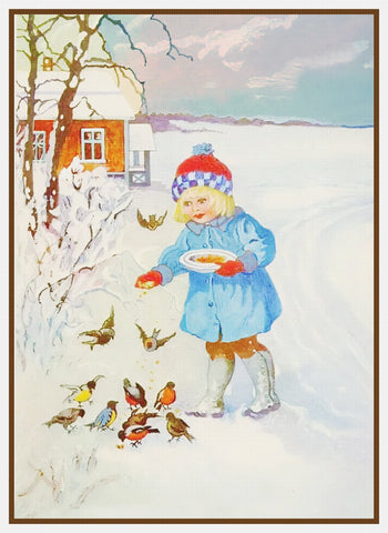 Girl Feeding Birds in Winter by Jenny Nystrom Counted Cross Stitch Pattern DIGITAL DOWNLOAD