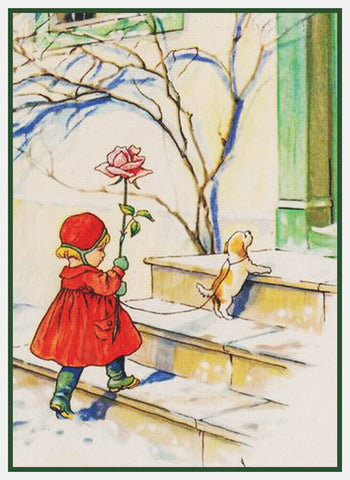 Young Girl Puppy Gift of a Rose by Swedish Artist Jenny Nystrom Counted Cross Stitch Pattern