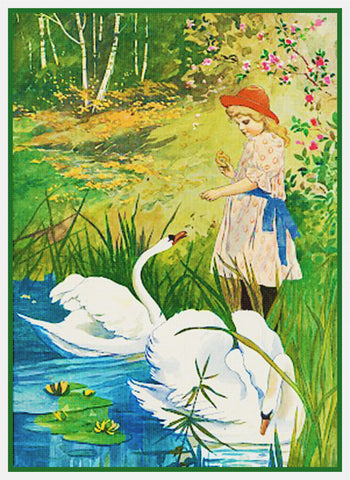 Young Girl Feeding Swans by Swedish Artist Jenny Nystrom Counted Cross Stitch Pattern
