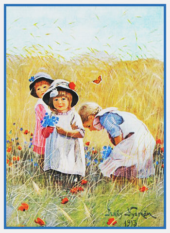 Young Girls Picking Cornflowers by Swedish Artist Jenny Nystrom Counted Cross Stitch Pattern