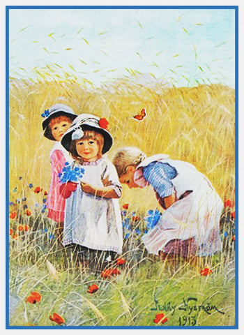 Young Girls Picking Cornflowers by Swedish Artist Jenny Nystrom Counted Cross Stitch Pattern