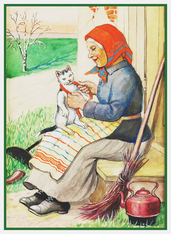 Grandmother Feeding Kitty Cat by Swedish Artist Jenny Nystrom Counted Cross Stitch Pattern