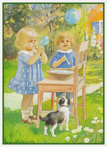 Young Girls Play Blowing Bubbles Jenny Nystrom Counted Cross Stitch Pattern