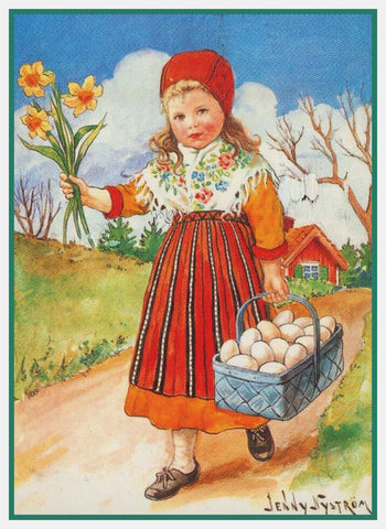 Young Girl With Basket of Eggs by Swedish Artist Jenny Nystrom Counted Cross Stitch Pattern
