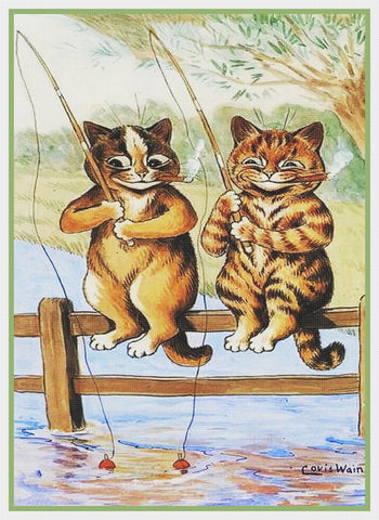 Louis Wain's Lazy Day Fishing Kitty Cats Counted Cross Stitch Chart Pattern