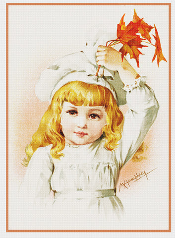 Young Girl Autumn Maple Leaves by Maud Humphrey Bogart Counted Cross Stitch Pattern