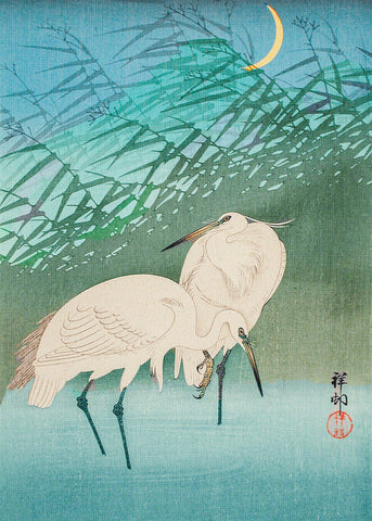 Japanese Artist Ohara (Koson) Shoson's Egrets in Reeds Moonlight Counted Cross Stitch Pattern