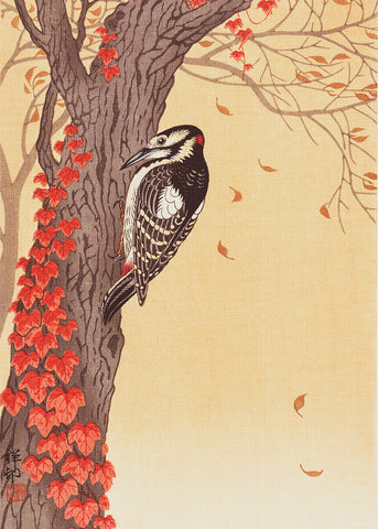 Japanese Artist Ohara (Koson) Shoson's Great Spotted Woodpecker Red Ivy Counted Cross Stitch Pattern