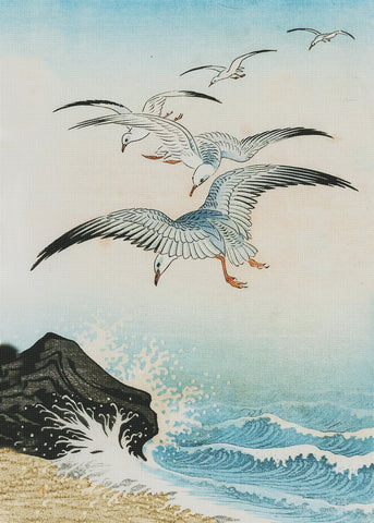 Japanese Artist Ohara (Koson) Shoson's Seagulls Turbulent Ocean Counted Cross Stitch Pattern