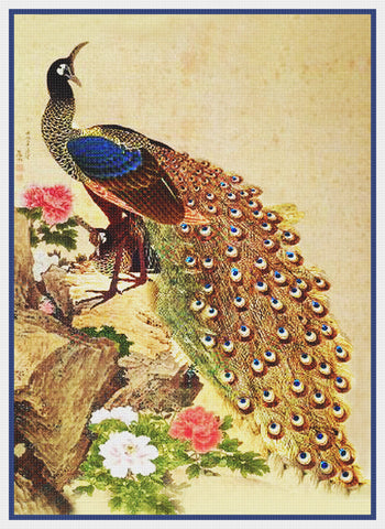 Peacock and Peony Flowers by Japanese artist Maruyama Okyo Counted Cross Stitch Pattern