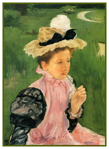 Portrait of Young Girl in Garden by American Impressionist Artist Mary Cassatt Counted Cross Stitch Pattern