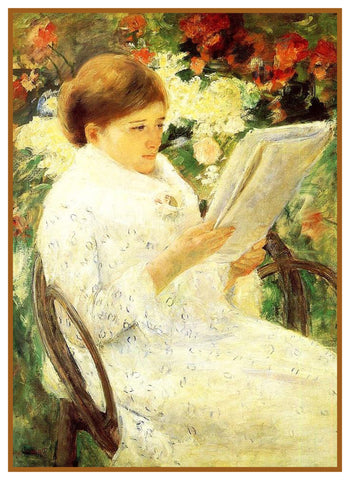 Woman Reading in Rose Garden by American Impressionist Artist Mary Cassatt Counted Cross Stitch Pattern