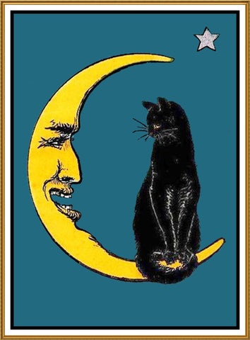 Halloween Black Cat Sitting on Crescent Moon Counted Cross Stitch Pattern