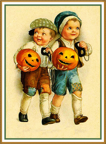 Halloween Two Boys with Jack O Lanterns Counted Cross Stitch Pattern