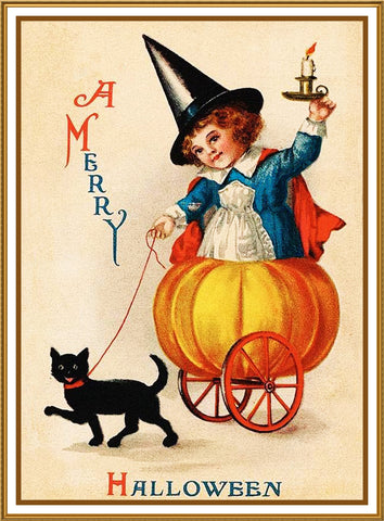Halloween Girl with Pumpkin Cart Black Cat Counted Cross Stitch Pattern