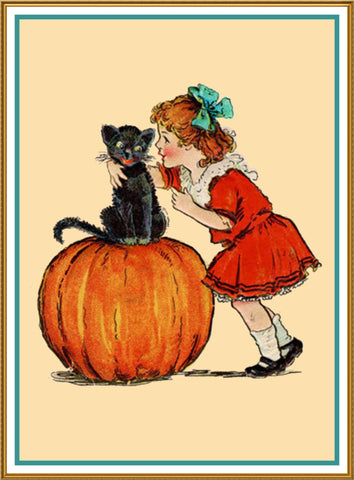 Vintage Halloween Little Girl Pumpkin Black Cat by Frances Brundage Counted Cross Stitch Pattern