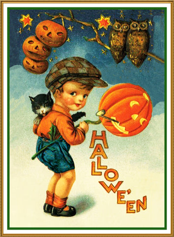 Halloween Young Boy with Pumpkins and Owls Counted Cross Stitch Pattern
